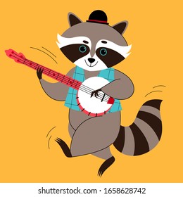 Cute racoon playing banjo. Country music. Retro cartoon style. Children vector illustration.