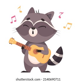 Cute Racoon Playing Guitar Cartoon Vector Illustration. Pretty Raccoon With Closed Eyes Standing On White Background, Singing Song, Enjoying Time Devoting To Hobby. Wildlife Animal, Music Concept