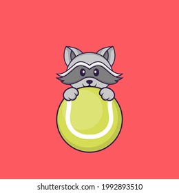 Cute racoon playing tennis. Animal cartoon concept isolated. Can used for t-shirt, greeting card, invitation card or mascot.