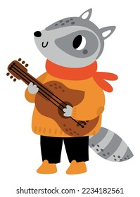 Cute racoon plays guitar. Funny musician character