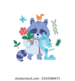 Cute racoon scientist with microscope. Cartoon animal professor character in white coat laboratory biotechnology scientist. Vector flat illustration with molecule, science of structure nature objects