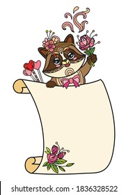 Cute racoon with scroll sign template. Colorful vector kawaii illustration with animal in tangle style and empty blank paper template. For print, design, T-shirt, logo, advertising, sale, celebration