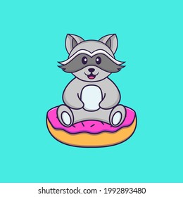 Cute racoon is sitting on donuts. Animal cartoon concept isolated. Can used for t-shirt, greeting card, invitation card or mascot.