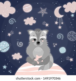 Cute racoon in space. The racoon on the planet rides the stars. Stars, planets, clouds, comets. Vector illustration in a children's style. Print on postcard, poster, clothes.