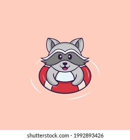 Cute racoon is Swimming with a buoy. Animal cartoon concept isolated. Can used for t-shirt, greeting card, invitation card or mascot.