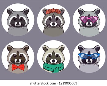 Cute Racoon with trendy accessories - glasses, bow-tie, flowers, scarf. Print for fabric, t-shirt, poster. Vector illustration
