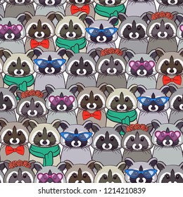Cute Racoon with trendy accessories - glasses, bow-tie, flowers, scarf. Seamless pattern. Print for fabric, t-shirt, poster. Vector illustration
