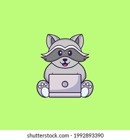 Cute racoon using laptop. Animal cartoon concept isolated. Can used for t-shirt, greeting card, invitation card or mascot.