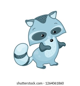 Cute racoon vector icon on white background. Woodland animal clipart. Cute grey racoon clip art. Nursery style racoon animal sticker. Wild animal of forest. Friendly racoon with fluffy tail