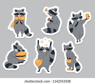 Cute racoons set isolated on grey background. Cute animal characters for stickers, flyers, invitations or greeting cards. Vector illustration.