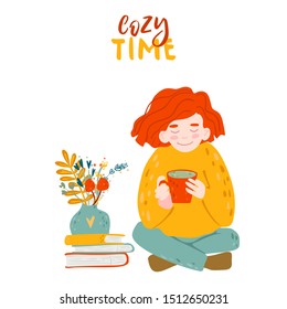 Cute rad hair girl with cup of coffee. Cozy time lettering. Cartoon style illustration. vase with bouquet of flowers under the books