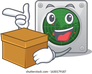 Cute radar cartoon character having a box
