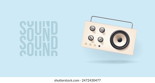 Cute radio vector 3d illustration. Retro music speaker box render. Vintage old dance fm broadcast boombox. Sound mixer and volume equalizer concept. Portable receiver to hear announce or news release.