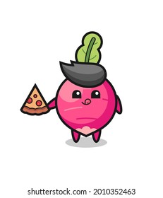cute radish cartoon eating pizza , cute style design for t shirt, sticker, logo element