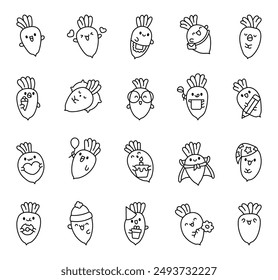 Cute radish character with different emotions and actions. Coloring Page. Adorable cartoon vegetable. Hand drawn style. Vector drawing. Collection of design elements.