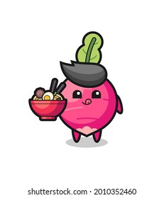 cute radish character eating noodles , cute style design for t shirt, sticker, logo element