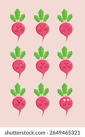 Cute Radish Character Emotions Set – Flat Cartoon Vegetable Faces
