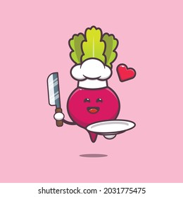 cute radish chef. Vegetable world day. Vector isolated flat illustration for poster, brochure, web, mascot, sticker, logo and icon.