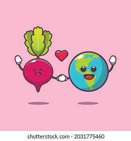 cute radish and earth illustration. vegetable world day. vector isolated flat illustration for poster, brochure, web, mascot, sticker, logo and icon.