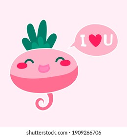 Cute radish say i love you, kawaii drawing vegetable. Valentines day greeting card, wedding day, romantic. Sticker. Vector illustration on pink background. 