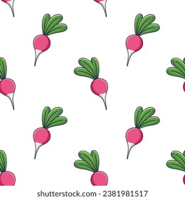 Cute Radish seamless pattern in doodle style. Vector hand drawn cartoon Radish illustration. Hand drawn Sketch of Radish. Pattern for kids clothes.
