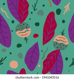 Cute radish seamless pattern. radish with leaves backdrop. Green background. For wallpaper, textile, wrapping paper, fabric print. Doodle vector illustration.