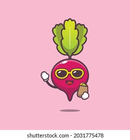 
cute radish with shoping bag. Vegetable world day. Vector isolated flat illustration for poster, brochure, web, mascot, sticker, logo and icon.