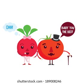 Cute radish and  tomato cartoon characters couple. Cute vegetables with eyes and accessories and speech bobles. Vector illustration.