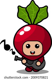 cute radish vegetable mascot costume cartoon character vector playing guitar