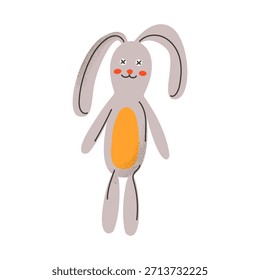 Cute rag rabbit toy in hand-drawn style. Sweet plush bunny character for kids design, nursery decor, baby products, posters