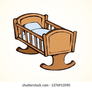 Cute rail carrycot nap design on white room wall backdrop. Infancy nurture peace emblem. Light color hand drawn safety swing dream object logo pictogram sketch in antique art doodle style