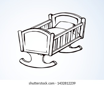 Cute rail carrycot nap design on white room wall backdrop. Outline black ink hand drawn safety swing dream object logo pictogram sketch in antique art doodle engrave style pen on paper space for text