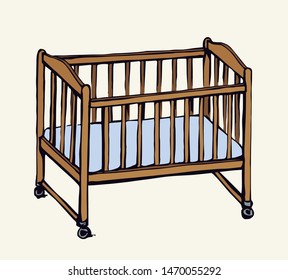 Cute rail carrycot nap design on white room wall backdrop. Infancy nurture peace emblem. Light color hand drawn safety swing dream object logo pictogram sketch in antique art doodle style text space