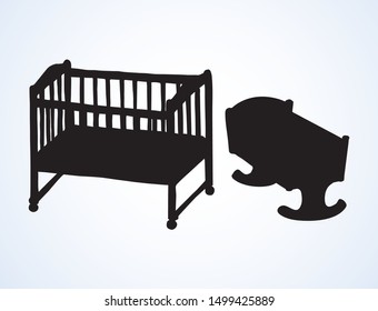 Cute rail carrycot nap design on white room wall backdrop. Dark black ink hand drawn safety swing dream object logo pictogram emblem in antique art contour engrave print style on paper space for text