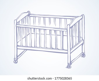 Cute rail carrycot nap design on white room wall backdrop. Outline black ink hand drawn safety swing dream object logo pictogram sketch in antique art doodle engrave style pen on paper space for text