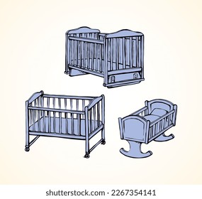 Cute rail carrycot nap design on white room wall backdrop. Outline black ink hand drawn safety swing dream object logo pictogram sketch in antique art doodle engrave style pen on paper space for text
