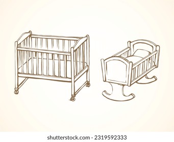 Cute rail carrycot nap design on white room wall backdrop. Outline black ink hand drawn safety swing dream object logo pictogram sketch in antique art doodle engrave style pen on paper space for text