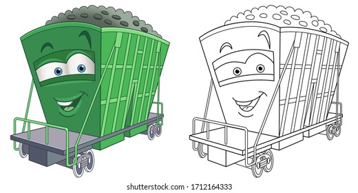 Cute railway carriage. Coloring page and colorful clipart character. Cartoon design for t shirt print, icon, logo, label, patch or sticker. Vector illustration.