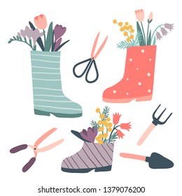 Cute rain boots with flowers and gardening tools set. Rubber boots with bouquets. Cartoon flat style vector illustration. Garden plants: tulips, bell flowers. Hand drawn spring or summer collection