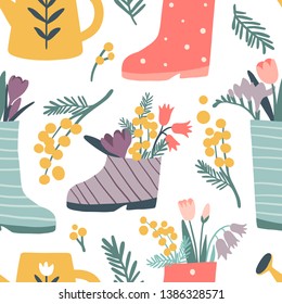 Cute rain boots with flowers seamless pattern. Rubber boots with bouquets. Cartoon flat style vector texture. Garden plants: tulips, bell flowers. Hand drawn spring or summer 