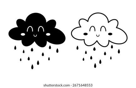 Lindo Clipart de nubes de lluvia en color blanco y negro. Objeto de Clima en estilo de dibujos animados. Ilustración vectorial celeste