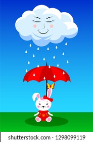 cute rain cloud and white bunny in a red dress  sitting in a clearing under an umbrella. Flat style vector illustration