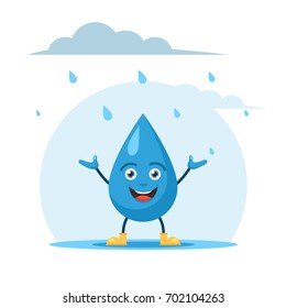 Cute rain drop character in rubber boots and enjoy the rain while standing in a puddle. Vector illustration in cartoon style isolated on white background