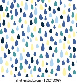 Cute rain drops, water vector seamless pattern background. Childish pattern with drops. Cartoon colorful shapes.