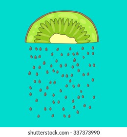 Cute rain from kiwi seeds. Vector illustration on light blue background drawn by hand.
