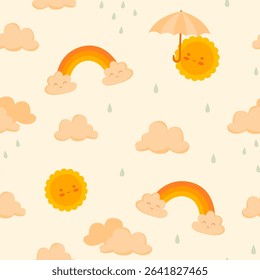 Cute rain pattern with suns with an umbrella, rainbow, clouds, raindrops. Gentle, warm, pastel colours and a cosy atmosphere. Ideal for raincoat, wallpaper, bedding, stationery, children's textiles