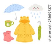Cute rain set with yellow coat, umbrella, boots, cloud and drops. Cartoon weather elements isolated on white background. Autumn, spring rainy season concept for children design, print, sticker