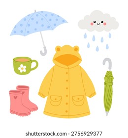 Cute rain set with yellow coat, umbrella, boots, cloud and drops. Cartoon weather elements isolated on white background. Autumn, spring rainy season concept for children design, print, sticker