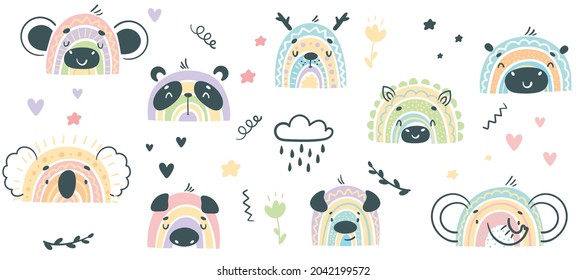 Cute Rainbow Animal for Childish Nursery Decor Vector Set