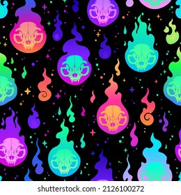 cute rainbow animal skulls in flames